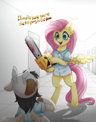 Size: 1020x1300 | Tagged: safe, artist:toxiccolour, imported from derpibooru, fluttershy, oc, pegasus, pony, bipedal, blood, chainsaw, clothes, duo, eyelashes, female, hat, hoof hold, indoors, mare, pegasus oc, scared, smiling, spread wings, talking, wings