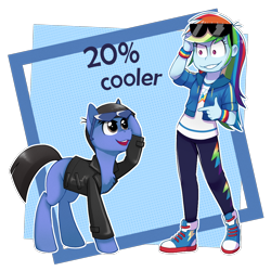 Size: 1120x1120 | Tagged: safe, artist:toxiccolour, imported from derpibooru, rainbow dash, oc, earth pony, human, pony, equestria girls, 20% cooler, abstract background, clothes, converse, duo, female, male, pants, raised hoof, shoes, simple background, stallion, sunglasses, transparent background