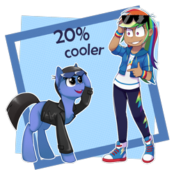 Size: 1120x1120 | Tagged: safe, alternate version, artist:toxiccolour, imported from derpibooru, rainbow dash, oc, earth pony, human, pony, equestria girls, 20% cooler, abstract background, clothes, converse, duo, female, human coloration, male, pants, raised hoof, shoes, simple background, stallion, sunglasses, transparent background