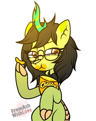 Size: 1600x2020 | Tagged: safe, artist:loverashley, imported from derpibooru, oc, oc only, kirin, cheetos, cloven hooves, commission, eating, eyelashes, female, glasses, hoof hold, kirin oc, simple background, solo, white background, ych result