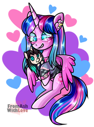 Size: 1436x1927 | Tagged: safe, artist:loverashley, imported from derpibooru, oc, oc only, oc:amity, alicorn, pony, abstract background, alicorn oc, ear piercing, female, grin, horn, hug, mare, piercing, plushie, smiling, wings
