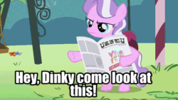 Size: 720x405 | Tagged: safe, edit, edited screencap, imported from derpibooru, screencap, apple bloom, diamond tiara, dinky hooves, scootaloo, sweetie belle, earth pony, pony, unicorn, ponyville confidential, animated, cutie mark crusaders, edited gif, female, filly, foal, gabby gums, jewelry, meme, newspaper, reversed, text, tiara