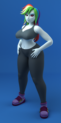 Size: 1000x2000 | Tagged: safe, artist:argos90, imported from derpibooru, rainbow dash, human, 3d, breasts, busty rainbow dash, clothes, female, hip, humanized, leggings, pony coloring, rainbutt dash, solo, sports bra, wide hips