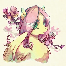 Size: 2048x2048 | Tagged: safe, artist:tkotu1, imported from derpibooru, fluttershy, pegasus, pony, bust, cherry blossoms, chest fluff, eye clipping through hair, female, flower, flower blossom, high res, mare, open mouth, simple background, solo, spread wings, spring, traditional art, watercolor painting, white background, wings