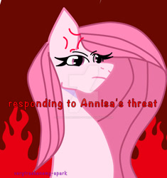 Size: 1280x1359 | Tagged: safe, artist:verytrashenemy-spark, imported from derpibooru, oc, oc only, oc:annisa trihapsari, earth pony, pony, angry, cross-popping veins, derp, deviantart watermark, earth pony oc, emanata, female, fire, long hair, long mane, mare, not pinkamena, obtrusive watermark, red background, simple background, solo, unamused, watermark