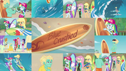 Size: 1280x721 | Tagged: safe, editor:quoterific, imported from derpibooru, applejack, fluttershy, rainbow dash, zephyr breeze, human, blue crushed, equestria girls, equestria girls series, clothes, surfing, swimsuit, towel