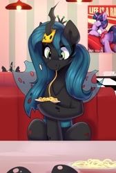 Size: 1750x2600 | Tagged: safe, artist:shadowreindeer, imported from derpibooru, queen chrysalis, twilight sparkle, changeling, changeling queen, pony, unicorn, butt, cheese, crown, cute, cutealis, dock, featureless crotch, female, food, horn, horn impalement, jewelry, mare, offscreen character, pasta, plot, poster, pov, regalia, restaurant, solo, solo focus, spaghetti, tail, tongue out, transparent wings, twibutt, unicorn twilight, wings