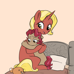 Size: 1280x1280 | Tagged: safe, artist:smirk, imported from derpibooru, oc, oc only, oc:cami, oc:woven lace, anthro, unicorn, anthro oc, bed, comforting, duo, female, horn, hug, mother and child, mother and daughter, pillow, plushie, unicorn oc