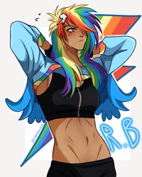 Size: 815x1019 | Tagged: safe, artist:cattenzei, imported from derpibooru, rainbow dash, human, dark skin, female, humanized, midriff, simple background, solo, white background, winged humanization, wings