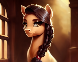 Size: 1920x1536 | Tagged: safe, generator:pony diffusion v3, imported from derpibooru, oc, oc only, oc:honour bound, earth pony, pony, fanfic:everyday life with guardsmares, ai content, ai generated, female, generator:stable diffusion, looking at you, mare, prompter:siber, sitting, solo