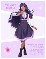 Size: 1606x2048 | Tagged: safe, artist:applesartt, imported from derpibooru, twilight sparkle, human, clothes, dark skin, female, humanized, idol, solo