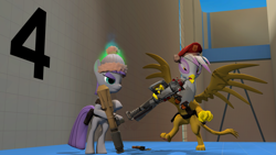 Size: 2765x1555 | Tagged: safe, artist:xafilah, imported from derpibooru, gilda, maud pie, earth pony, griffon, pony, 3d, gmod, rocket launcher, soldier, team fortress 2, weapon