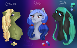 Size: 4000x2500 | Tagged: safe, artist:loopina, imported from derpibooru, oc, oc:green dread, oc:jade velvet, oc:river moon, bat pony, earth pony, bust, buste, female, male, mare, portrait, stallion