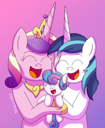 Size: 1080x1315 | Tagged: safe, artist:fruiitypieq, artist:shycookieq, imported from derpibooru, princess cadance, princess flurry heart, shining armor, alicorn, pony, unicorn, baby, baby pony, crown, cute, cutedance, eyes closed, family, father and child, father and daughter, female, filly, flurrybetes, foal, gradient background, happy, jewelry, male, mare, mother and child, mother and daughter, open mouth, open smile, regalia, shining adorable, smiling, stallion, trio