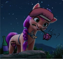 Size: 560x529 | Tagged: safe, artist:db, imported from derpibooru, screencap, sunny starscout, earth pony, pony, spoiler:my little pony: a new generation, alcohol, beret, flower, french, g5, hat, joke, my little pony: a new generation, rose, solo, wine