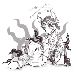 Size: 2084x1966 | Tagged: safe, artist:karamboll, imported from derpibooru, pony, unicorn, aesop carl, black and white, blood, clothes, crossover, full body, grayscale, identity v, injured, lying down, male, monochrome, necktie, sketch, solo, suit, tentacles