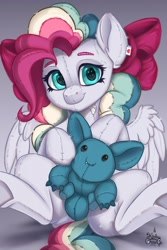 Size: 1736x2600 | Tagged: safe, artist:kirby_orange, imported from derpibooru, oc, oc only, oc:sky sorbet, original species, pegasus, plush pony, pony, art trade, cute, female, plushie, solo, toy, wings