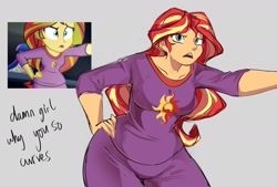 Size: 1680x1137 | Tagged: safe, artist:ecstasydemon, imported from derpibooru, screencap, sunset shimmer, twilight sparkle, human, equestria girls, rainbow rocks, clothes, curvy, extra thicc, female, pajamas, scene interpretation, solo, wide hips