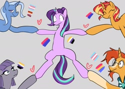 Size: 1750x1250 | Tagged: safe, artist:ecstasydemon, imported from derpibooru, maud pie, starlight glimmer, sunburst, sunset shimmer, trixie, earth pony, pony, unicorn, bisexual, bisexual pride flag, female, female to male, gray background, heart, lesbian, lesbian pride flag, male, male to female, nonbinary, nonbinary pride flag, pansexual, pansexual pride flag, polyamory, pride, pride flag, pulling, shimmerglimmer, shipping, simple background, starburst, starlight glimmer gets all the mares, starmaud, startrix, straight, trans female, trans male, trans trixie, transgender, transgender pride flag