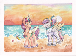 Size: 6712x4960 | Tagged: safe, artist:lightisanasshole, imported from derpibooru, sunny starscout, oc, alicorn, pegasus, pony, beach, blushing, cheek fluff, clothes, colored hooves, ear fluff, g5, jumpsuit, looking back, ocean, one-piece swimsuit, pegasus oc, race swap, sand, sandcastle, scarf, smoothie, stars, sunnycorn, sunset, swimsuit, traditional art, water, watercolor painting, winter outfit
