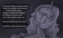 Size: 1164x704 | Tagged: safe, anonymous artist, imported from derpibooru, izzy moonbow, pony, unicorn, series:anorexic sunny, anorexia, crying, dialogue, female, g5, implied sunny starscout, looking at someone, looking down, mare, monochrome, offscreen character, sketch, solo, speech bubble, talking