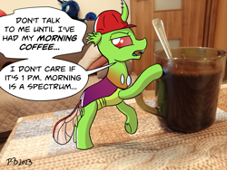 Size: 2080x1560 | Tagged: safe, artist:pony-berserker, imported from derpibooru, princess luna, oc, oc:berzie, changedling, changeling, pony, annoyed, breaking the fourth wall, changedling oc, changeling oc, clothes, coffee, coffee mug, couch, door, hard hat, hat, irl, looking at you, mug, photo, pillow, plushie, ponies in real life, solo, spoon, table