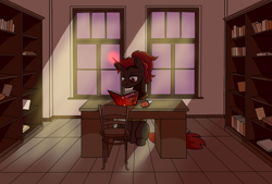 Size: 7100x4800 | Tagged: safe, artist:katyusha, imported from derpibooru, oc, oc only, oc:protege, pony, unicorn, fallout equestria, fallout equestria: murky number seven, book, bookshelf, commission, commission example, fanfic art, indoors, male, solo