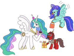 Size: 3040x2304 | Tagged: safe, artist:supahdonarudo, imported from derpibooru, princess celestia, oc, oc:ironyoshi, oc:sea lilly, alicorn, classical hippogriff, hippogriff, pony, unicorn, birthday, cake, flying, food, hat, holding, party hat, plate, present, simple background, transparent background, trio