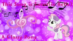 Size: 1920x1080 | Tagged: safe, artist:aaliyah_rosado, artist:aclassypony, artist:user15432, imported from derpibooru, sweetie belle, pony, unicorn, female, filly, foal, gradient background, music notes, pink background, simple background, solo, sparkly background, this song is sweet(ie belle)