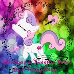 Size: 850x850 | Tagged: safe, artist:aaliyah_rosado, artist:aclassypony, artist:user15432, imported from derpibooru, sweetie belle, pony, unicorn, album, album cover, eyes closed, female, filly, foal, gradient background, microphone, music notes, rainbow background, singing, solo, this song is sweet(ie belle)
