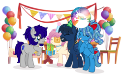 Size: 2000x1214 | Tagged: safe, artist:jennieoo, imported from derpibooru, oc, oc only, oc:atin nyamic, oc:gentle star, oc:maverick, oc:ocean soul, bat pony, earth pony, pegasus, pony, balloon, birthday, birthday gift, birthday party, cute, gift art, happy, hat, laughing, married couple, ocbetes, party, party hat, present, show accurate, simple background, sketch, smiling, soulverick, teary eyes, transparent background