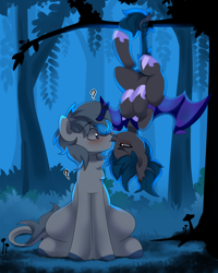 Size: 4000x5000 | Tagged: safe, artist:haruk, imported from derpibooru, oc, oc only, oc:chilly bite, oc:frosty tundra, bat pony, kirin, pony, armor, bat pony oc, blushing, commission, duo, female, forest, guardsmare, hanging, hanging by tail, hanging upside down, kirin oc, licking, mare, night, night guard, night guard armor, question mark, royal guard, tongue out, tree, tree branch, upside down, ych result