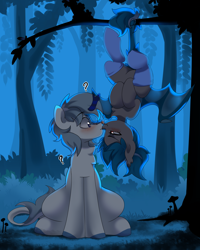 Size: 4000x5000 | Tagged: safe, alternate version, artist:haruk, imported from derpibooru, oc, oc only, oc:chilly bite, oc:frosty tundra, bat pony, kirin, pony, bat pony oc, blushing, clothes, commission, duo, forest, hanging, hanging by tail, hanging upside down, kirin oc, licking, night, question mark, socks, tongue out, tree, tree branch, upside down, ych result