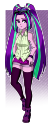 Size: 900x2000 | Tagged: safe, artist:nekojackun, imported from derpibooru, aria blaze, equestria girls, aria flat, bare shoulders, breasts, clothes, delicious flat chest, eyebrows, female, hand on hip, raised eyebrow, shorts, sleeveless, socks, solo, sunglasses, thigh highs, vest