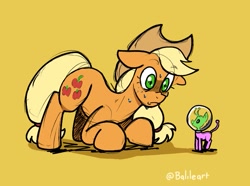 Size: 689x512 | Tagged: safe, artist:balileart, imported from derpibooru, applejack, alien, earth pony, pony, crouching, duo, frown, micro, nervous sweat, simple background, size difference, space helmet, sweat, yellow background