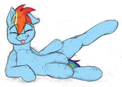 Size: 3508x2480 | Tagged: safe, artist:sefastpone, imported from derpibooru, rainbow dash, pony, belly, colored sketch, eyes closed, featureless crotch, lifting leg, lying down, male, rainbow blitz, rule 63, simple background, solo, stallion, tongue out, white background