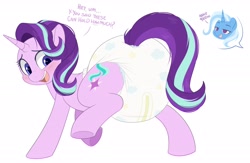 Size: 2652x1733 | Tagged: safe, artist:shuphle, imported from derpibooru, starlight glimmer, trixie, pony, unicorn, blushing, diaper, diaper fetish, fetish, looking back, non-baby in diaper, open mouth, open smile, poofy diaper, simple background, smiling, standing on two hooves, white background