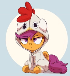 Size: 1811x1968 | Tagged: safe, artist:pabbley, imported from derpibooru, scootaloo, pegasus, pony, angry, animal costume, clothes, costume, cute, cutealoo, female, filly, foal, kigurumi, madorable, scootachicken, scootaloo is not amused, sitting, solo, unamused, underhoof