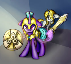 Size: 1024x915 | Tagged: safe, artist:princessfaeron, imported from derpibooru, oc, oc:aegis lash, oc:shiny stone, pony, unicorn, female, guardsmare, hand, magic, magic hands, mare, royal guard, shield, sword, weapon