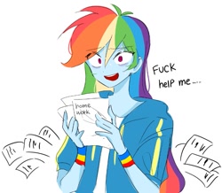 Size: 765x668 | Tagged: safe, artist:rainn__1026, imported from derpibooru, rainbow dash, human, equestria girls, eyebrows, eyebrows visible through hair, female, help me, homework, no pupils, open mouth, paper, simple background, solo, sweat, vulgar, white background, wristband