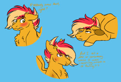 Size: 1024x694 | Tagged: safe, artist:colourstrike, imported from derpibooru, oc, oc only, oc:chrysanthos, pegasus, pony, blue eyes, blushing, chest fluff, dialogue, ear piercing, earring, floppy ears, jewelry, male, offspring, parent:big macintosh, parent:fluttershy, parents:fluttermac, piercing, solo, stallion