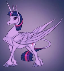 Size: 1526x1690 | Tagged: safe, artist:witherslayer73, imported from derpibooru, twilight sparkle, alicorn, pony, cloven hooves, colored hooves, female, gradient background, hoers, leonine tail, mare, smiling, solo, tail, twilight sparkle (alicorn), unshorn fetlocks, wings