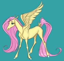 Size: 1735x1650 | Tagged: safe, artist:witherslayer73, imported from derpibooru, fluttershy, pegasus, pony, colored hooves, female, hoers, hooves, long tail, mare, simple background, smiling, solo, tail, teal background, thin legs, wings