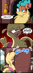 Size: 628x1372 | Tagged: safe, artist:malachimoet, imported from derpibooru, alpaca, deer, them's fightin' herds, chocolate with nuts, comic, community related, dialogue, onomatopoeia, paprika (tfh), paprika can talk, reference, sound effects, speech bubble, spongebob reference, spongebob squarepants, velvet (tfh)