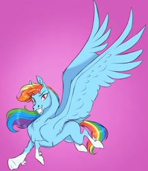 Size: 1561x1799 | Tagged: safe, artist:witherslayer73, imported from derpibooru, rainbow dash, pegasus, pony, coat markings, colored hooves, female, frog (hoof), grin, hoers, mare, pink background, simple background, smiling, socks (coat markings), solo, spread wings, underhoof, wings