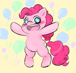 Size: 941x916 | Tagged: safe, alternate version, artist:vallycuts, imported from derpibooru, pinkie pie, earth pony, pony, balloon, bipedal, blushing, female, looking at you, mare, open mouth, open smile, smiling, solo