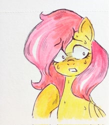 Size: 1785x2048 | Tagged: safe, artist:dethkek, imported from derpibooru, fluttershy, pegasus, pony, female, looking away, mare, nervous sweat, solo, sweat, traditional art