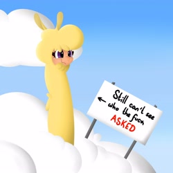 Size: 4000x4000 | Tagged: safe, artist:mrneo, imported from derpibooru, alpaca, them's fightin' herds, arrow, cloud, community related, female, funny, long neck, paprika (tfh), reaction image, sign, smiling, solo, vulgar