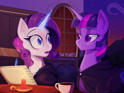 Size: 1600x1200 | Tagged: safe, artist:willoillo, imported from derpibooru, rarity, twilight sparkle, alicorn, pony, unicorn, fanfic:the enchanted kingdom, blushing, candle, cloak, clothes, coffee cup, cup, duo, duo female, fanfic art, female, glowing, glowing horn, horn, jewelry, lesbian, magic, mare, mountain, necklace, notebook, notepad, open mouth, rarilight, shipping, stars, surprised, teacup, telekinesis, twilight sparkle (alicorn), window