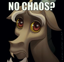 Size: 2000x1936 | Tagged: safe, artist:rrd-artist, imported from derpibooru, discord, draconequus, black background, frown, looking at you, male, meme, no bitches?, puppy dog eyes, sad, signature, simple background, solo